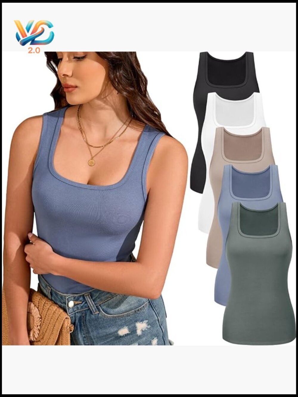 5 Pack Ribbed Tank Tops Square Neck Sleeveless Slim Fit Rayon Spandex